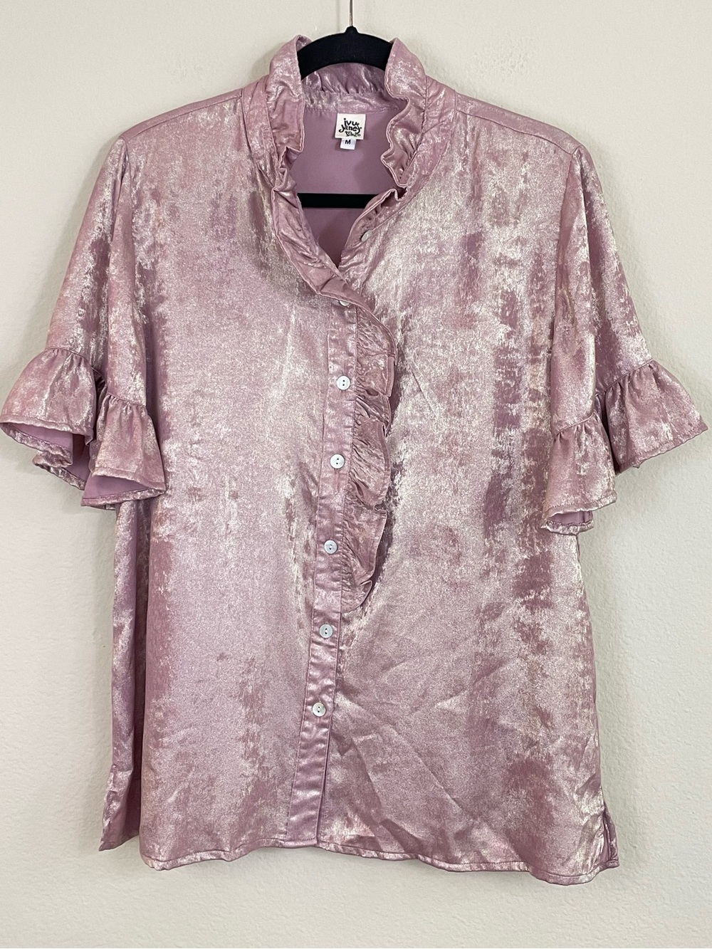 Ivy Jane Pink Shimmer Ruffle Button Down Top Size Medium Boho-Victorian